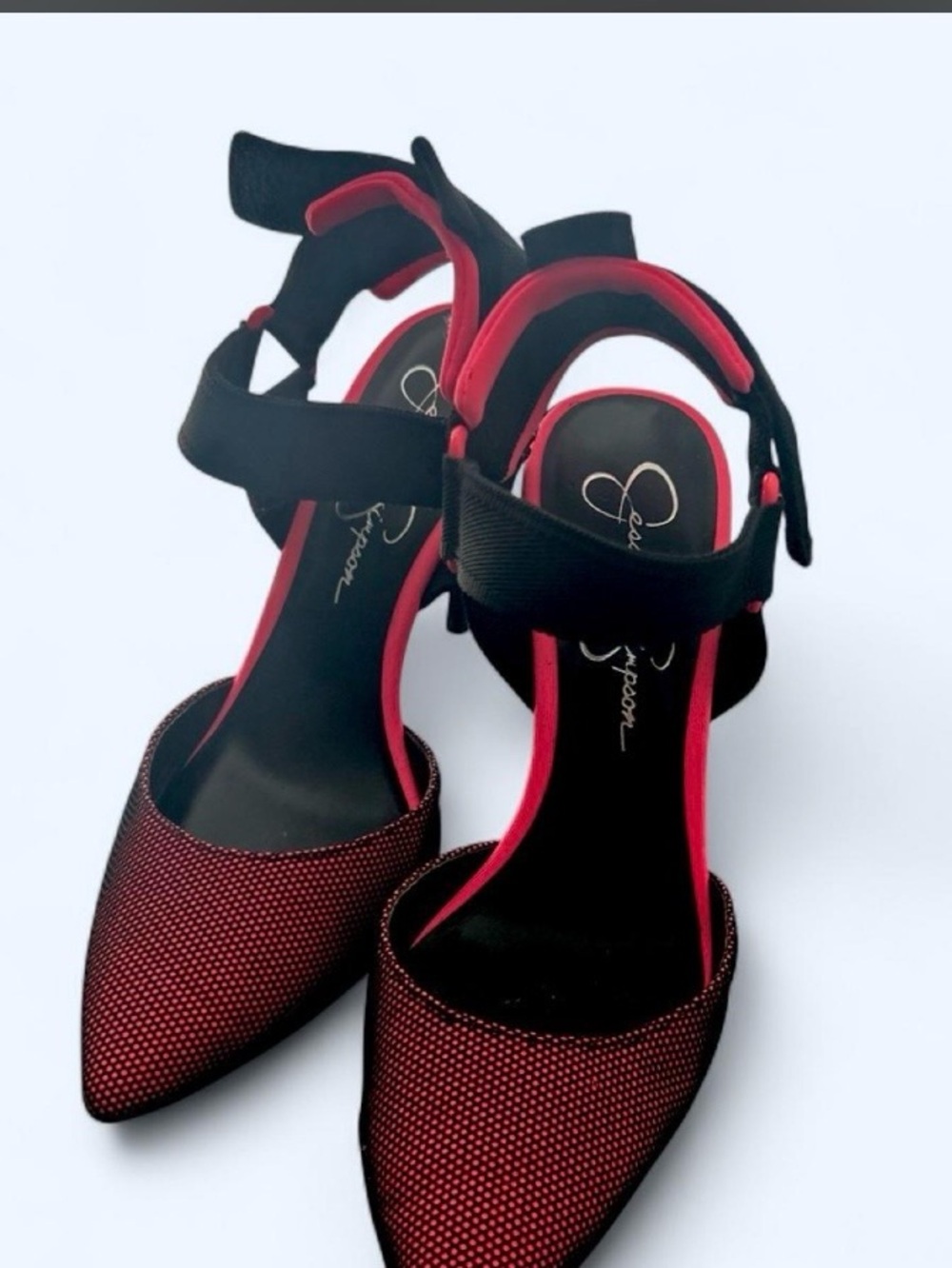 Jessica Simpson Black and Red Pointed Toe Ankle-Strap Heels